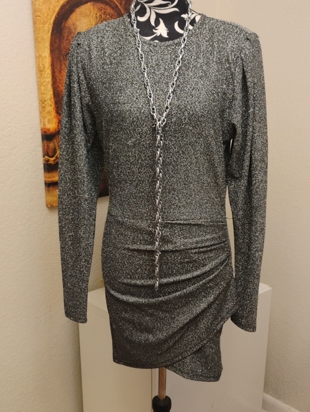 Forever 21 Silver Shimmer Long-Sleeve Ruched Mini Dress